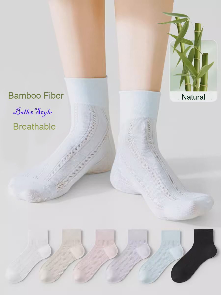 Bamboo fiber women's thin ballet style mesh mid-calf socks for summer